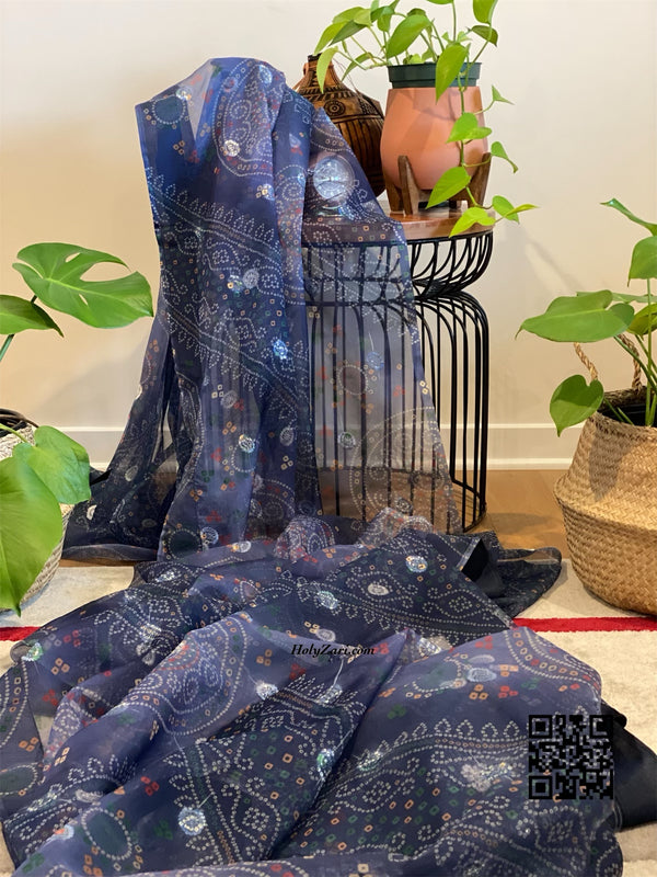 Blue Green Embroidered Bandhani Organza Saree