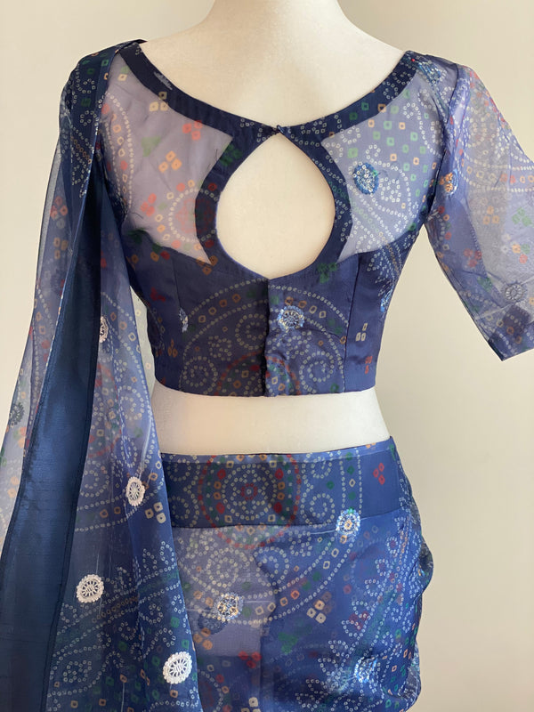 Blue Green Embroidered Bandhani Organza Saree