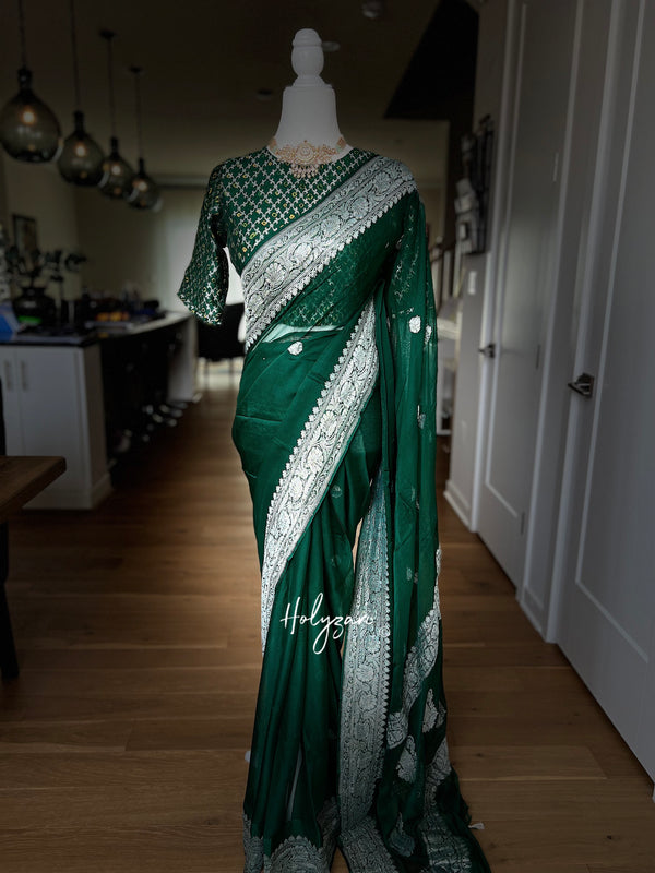 Bottle Green Banarasi Chiffon Saree with Designer Blouse