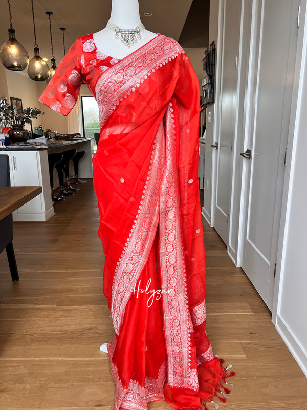 Carrot Red/Orange Banarasi Chiffon Saree with Designer Blouse