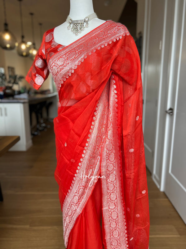 Carrot Red/Orange Banarasi Chiffon Saree with Designer Blouse