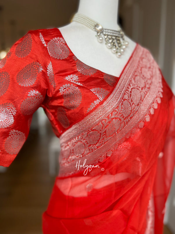Carrot Red/Orange Banarasi Chiffon Saree with Designer Blouse