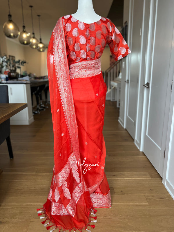 Carrot Red/Orange Banarasi Chiffon Saree with Designer Blouse