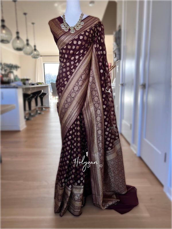 Dark Chocolate Brown Pure Banarasi Khaddi Georgette in Antique Zari With Blouse Piece
