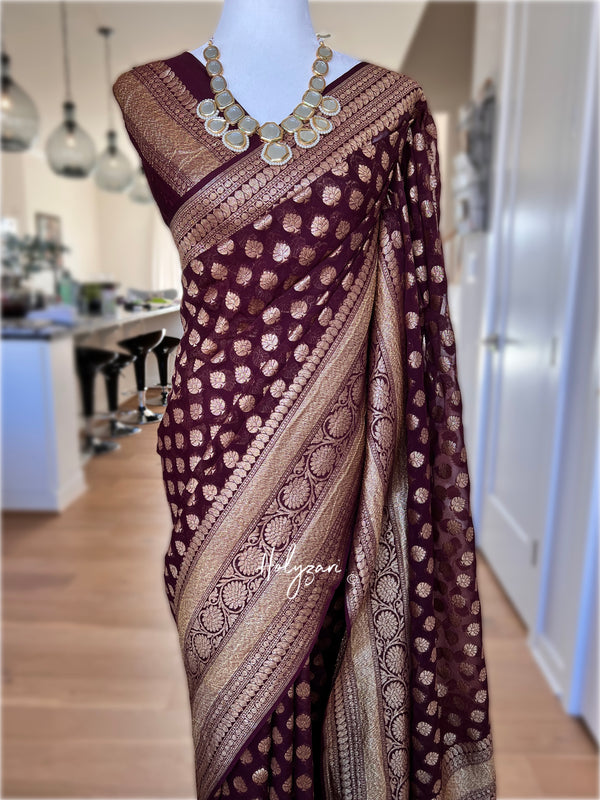 Dark Chocolate Brown Pure Banarasi Khaddi Georgette in Antique Zari With Blouse Piece