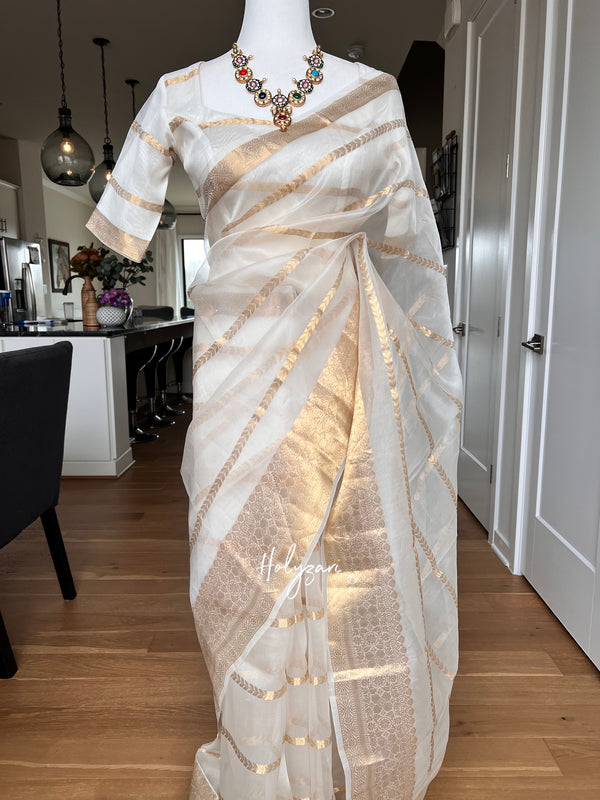 White Kora Banarasi Saree
