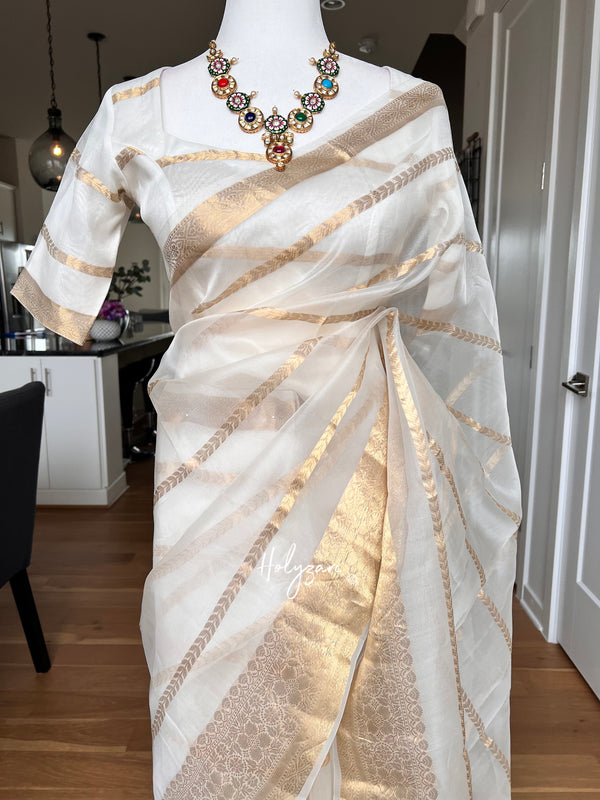 White Kora Banarasi Saree