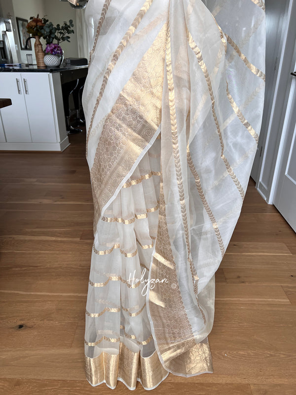 White Kora Banarasi Saree