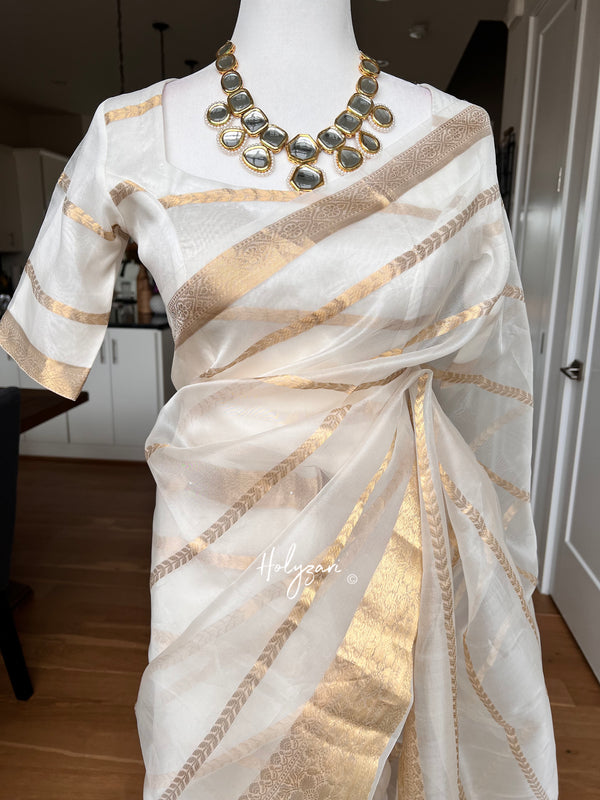 White Kora Banarasi Saree