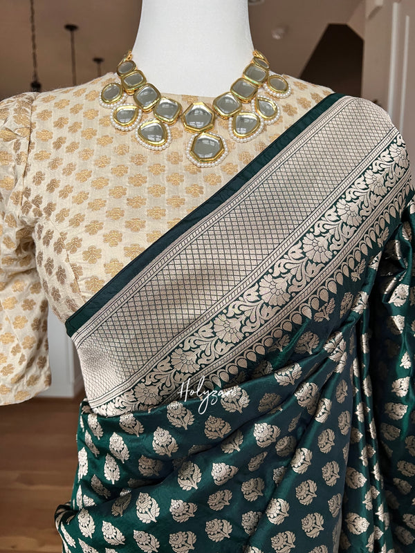 Bottle Green Pure Katan Silk Banarasi Saree With Designer Blouse