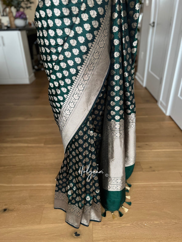 Bottle Green Pure Katan Silk Banarasi Saree With Designer Blouse