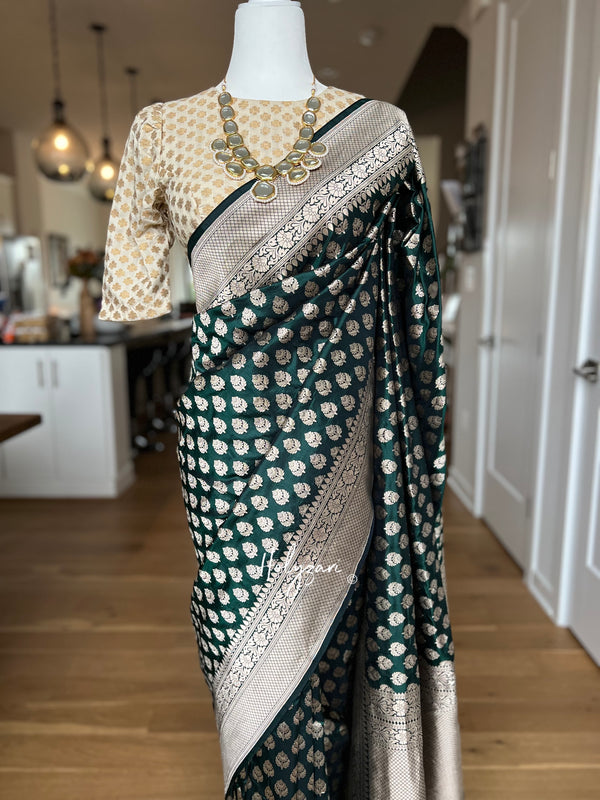 Bottle Green Pure Katan Silk Banarasi Saree With Designer Blouse