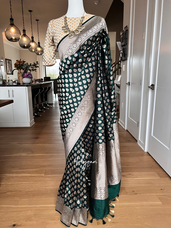 Bottle Green Pure Katan Silk Banarasi Saree With Designer Blouse
