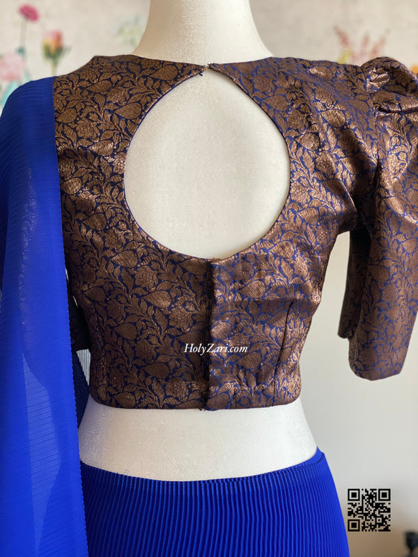 Navy Blue Crinkled Georgette Saree with Stitched Blouse