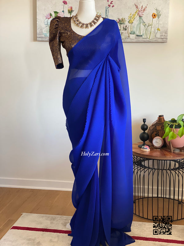 Navy Blue Crinkled Georgette Saree with Stitched Blouse