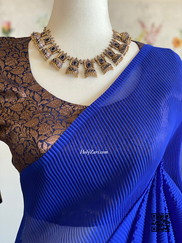 Navy Blue Crinkled Georgette Saree with Stitched Blouse