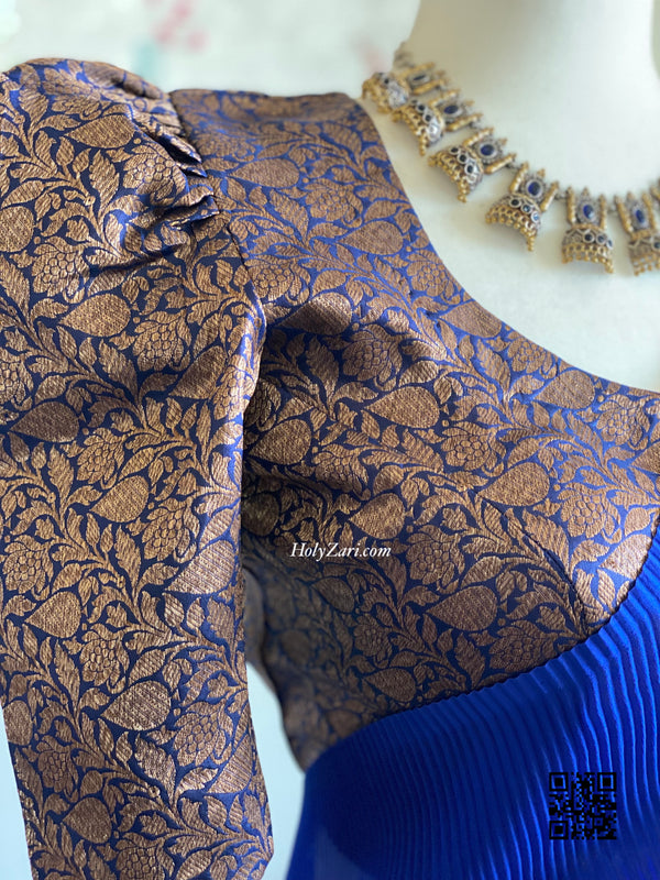 Navy Blue Crinkled Georgette Saree with Stitched Blouse