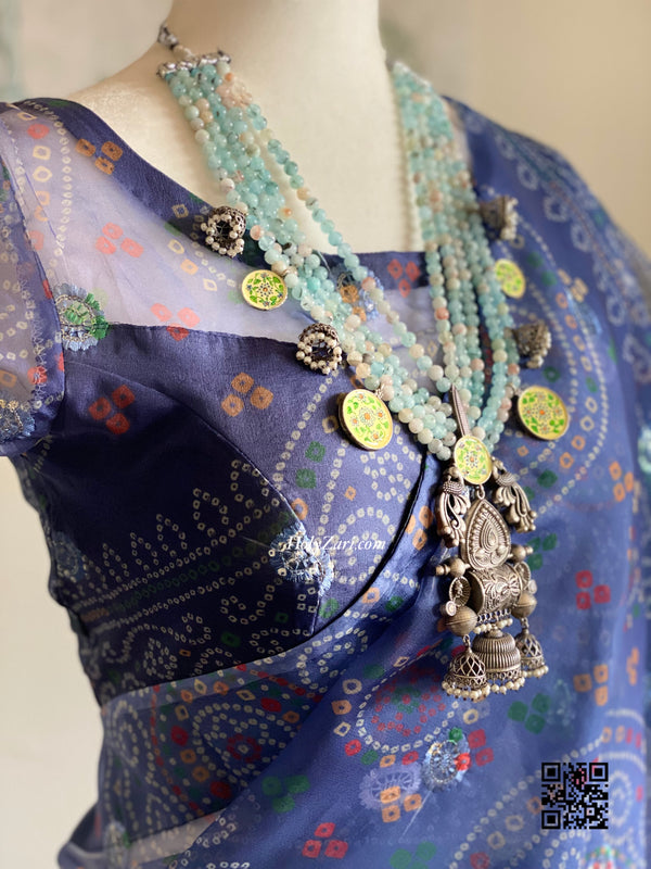 Blue Green Embroidered Bandhani Organza Saree