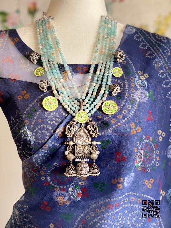 Blue Green Embroidered Bandhani Organza Saree