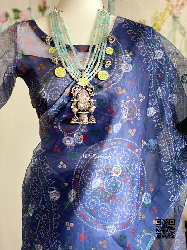 Blue Green Embroidered Bandhani Organza Saree