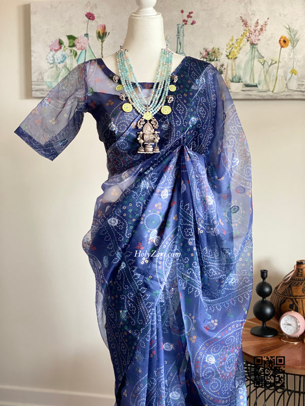 Blue Green Embroidered Bandhani Organza Saree
