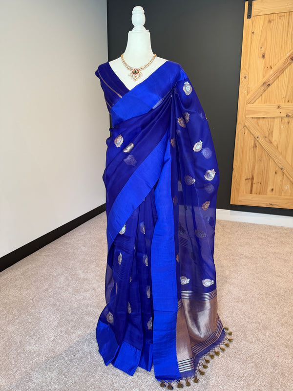 Blue Kora Silk Banarasi Saree