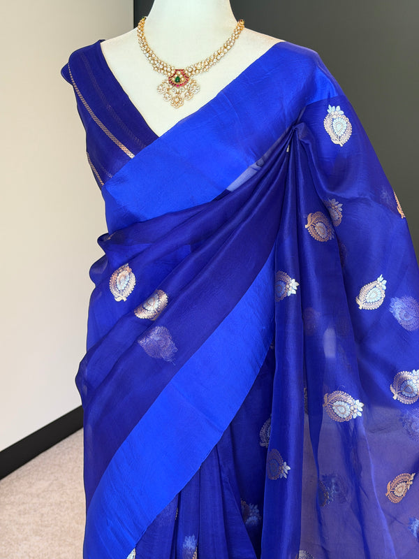 Blue Kora Silk Banarasi Saree