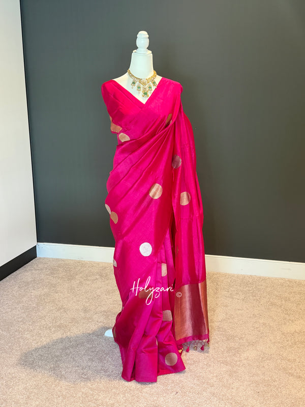Hot Pink Mango Silk Banarasi Saree with Gold Kadhuwa Zari Polka Bootis