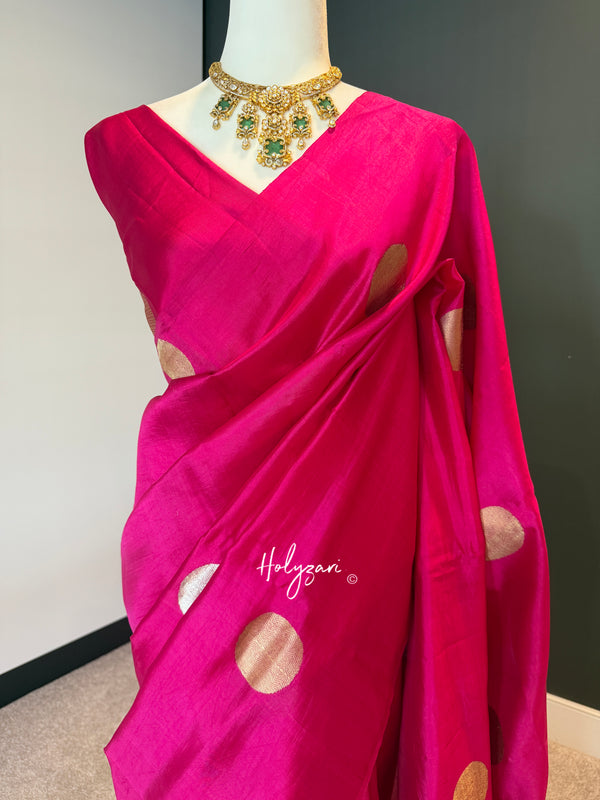 Hot Pink Mango Silk Banarasi Saree with Gold Kadhuwa Zari Polka Bootis