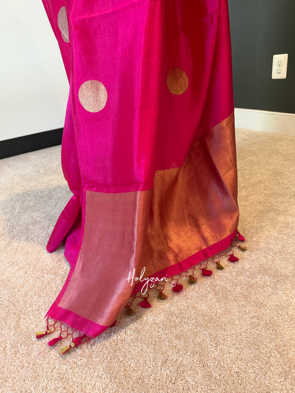 Hot Pink Mango Silk Banarasi Saree with Gold Kadhuwa Zari Polka Bootis