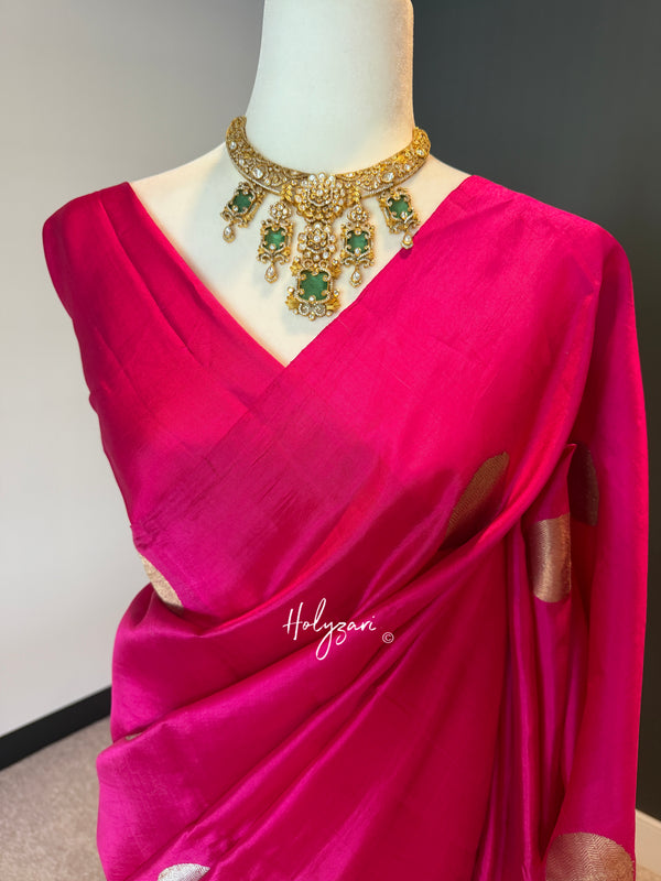 Hot Pink Mango Silk Banarasi Saree with Gold Kadhuwa Zari Polka Bootis