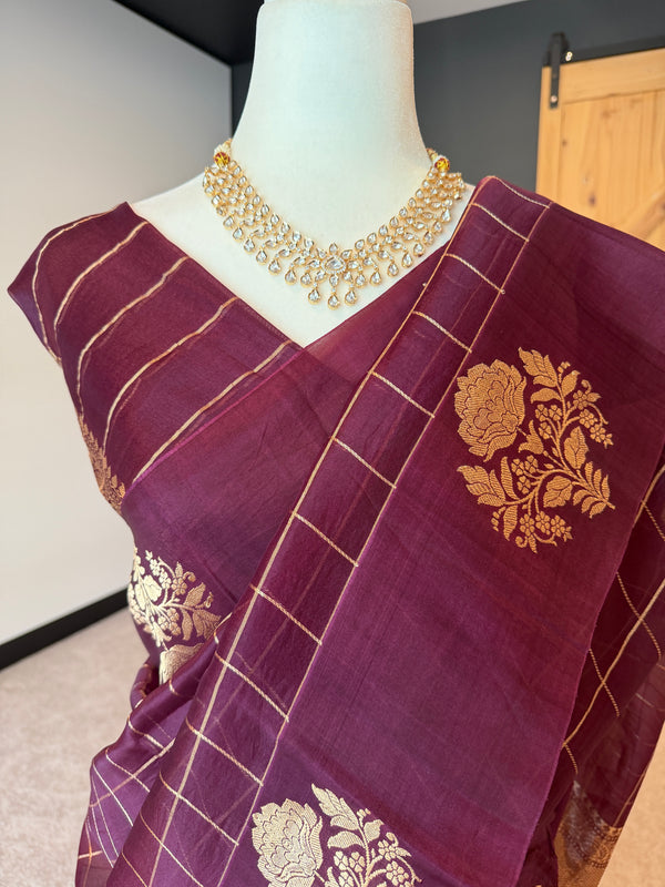 Wine Kora Banarasi with Gold Motifs and Checks