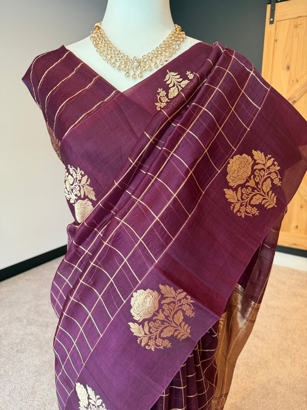 Wine Kora Banarasi with Gold Motifs and Checks