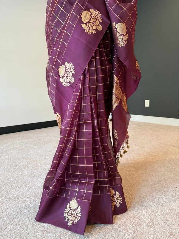 Wine Kora Banarasi with Gold Motifs and Checks