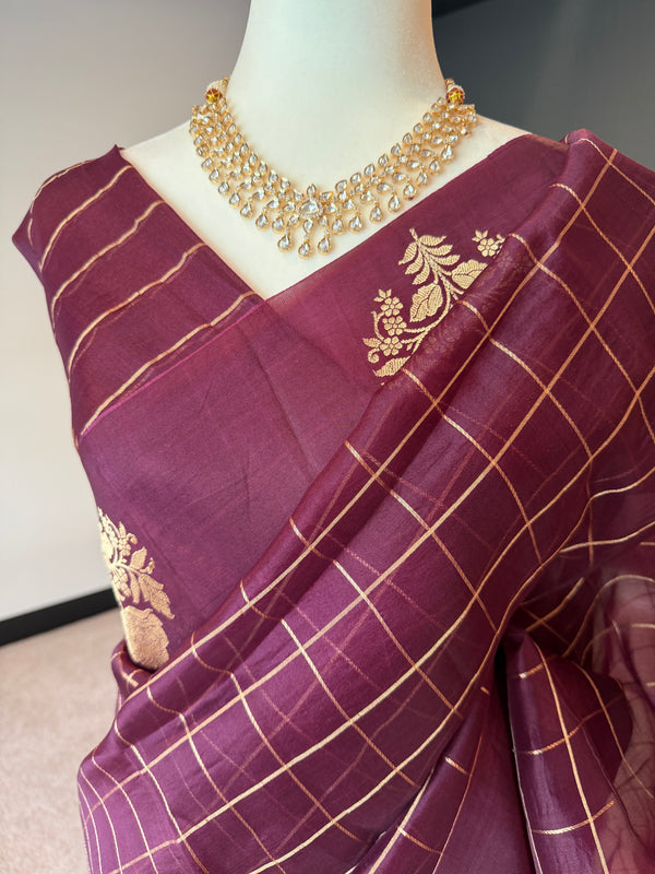 Wine Kora Banarasi with Gold Motifs and Checks