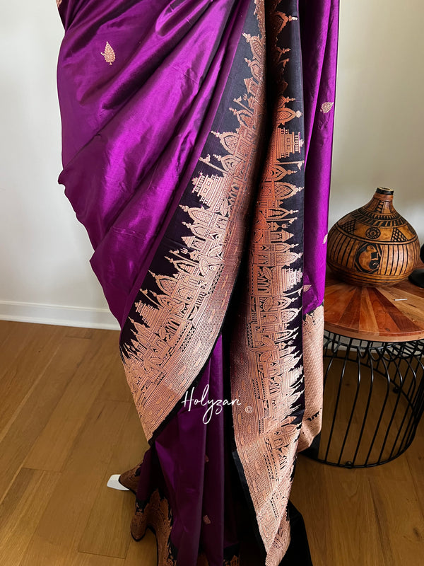 Purple/Eggplant Pure Katan Silk Banarasi Saree With Designer Blouse