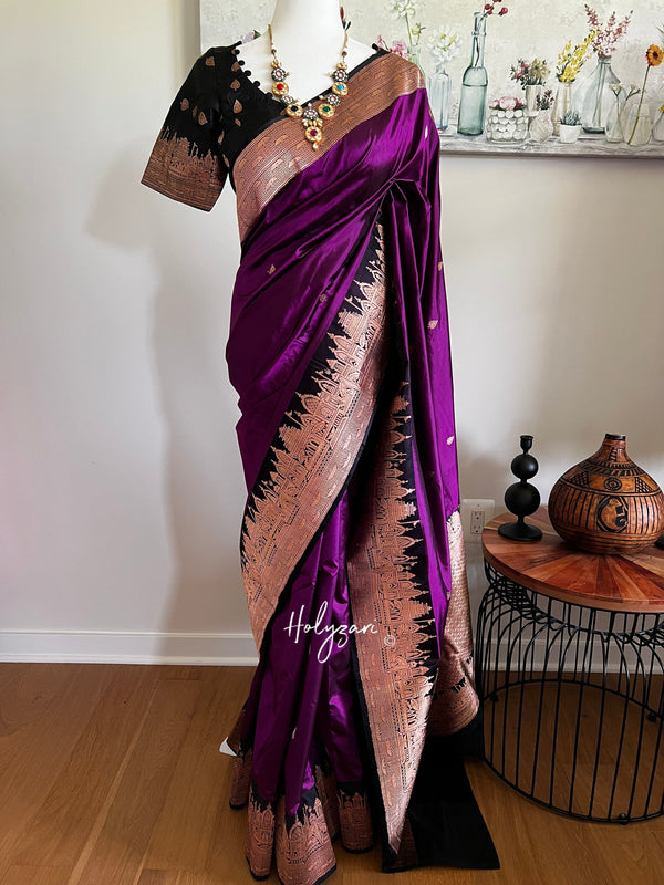 Purple/Eggplant Pure Katan Silk Banarasi Saree With Designer Blouse