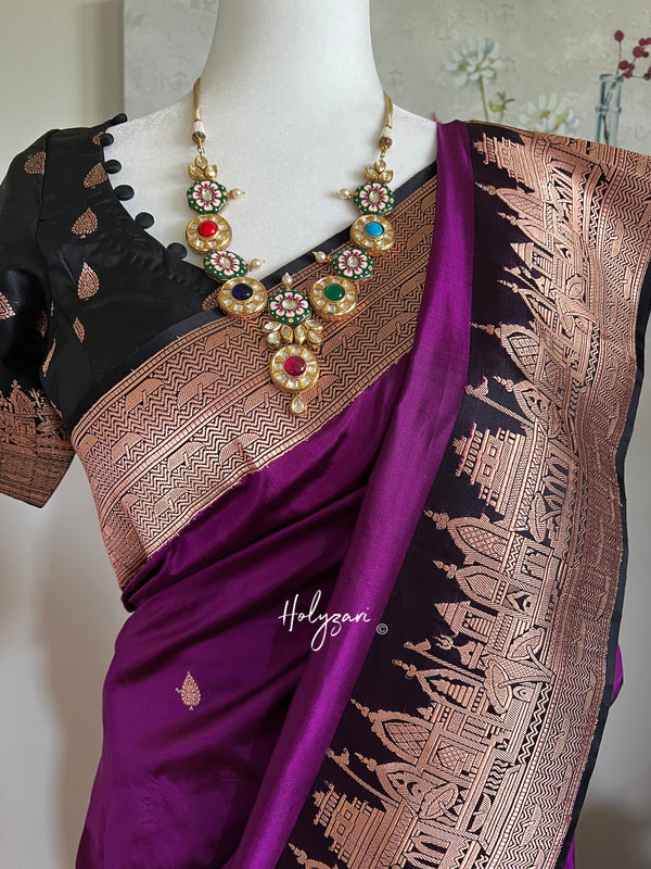 Purple/Eggplant Pure Katan Silk Banarasi Saree With Designer Blouse