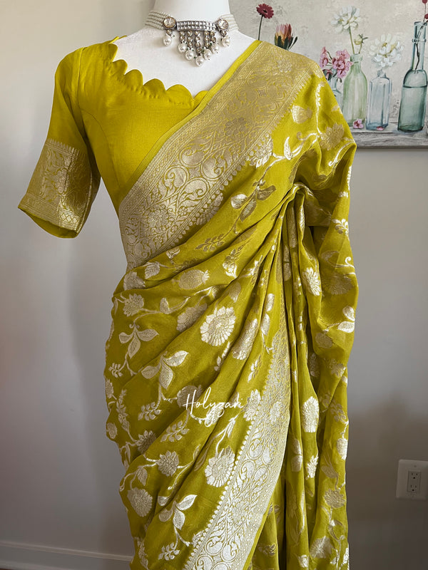 Neon Green Banarasi Khaddi Georgette Silver Zari Saree With Stitched Blouse