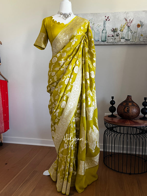 Neon Green Banarasi Khaddi Georgette Silver Zari Saree With Stitched Blouse