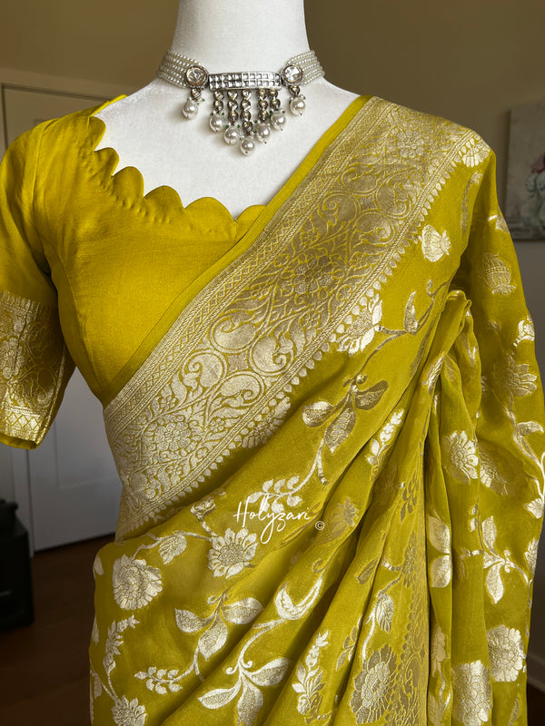 Neon Green Banarasi Khaddi Georgette Silver Zari Saree With Stitched Blouse