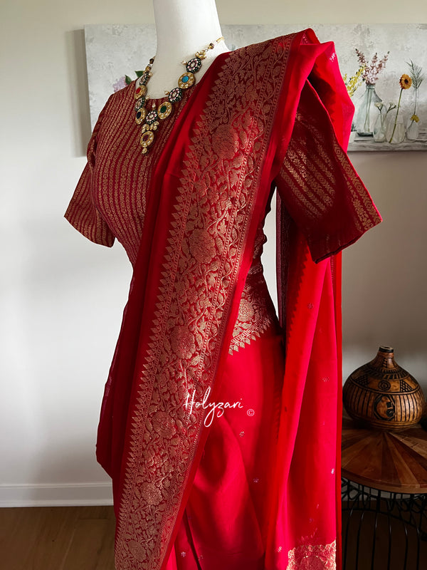Red 3 ply Chiffon Banarasi Saree with Designer Blouse