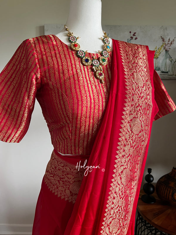 Red 3 ply Chiffon Banarasi Saree with Designer Blouse
