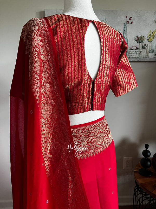Red 3 ply Chiffon Banarasi Saree with Designer Blouse