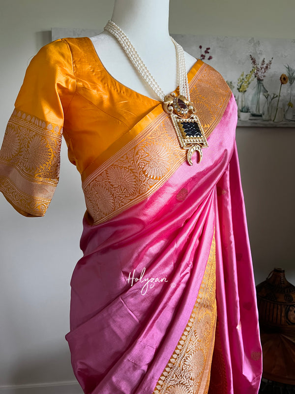Light Pink and Yellow Pure Katan Silk Banarasi Saree with Stitched Blouse