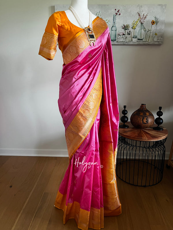 Light Pink and Yellow Pure Katan Silk Banarasi Saree with Stitched Blouse