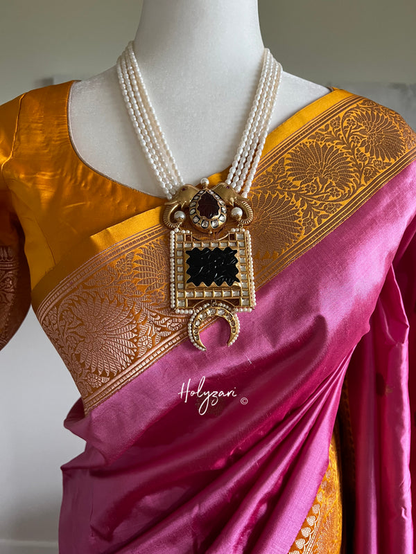 Light Pink and Yellow Pure Katan Silk Banarasi Saree with Stitched Blouse