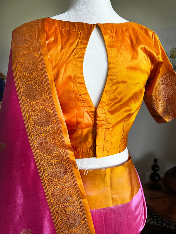 Light Pink and Yellow Pure Katan Silk Banarasi Saree with Stitched Blouse
