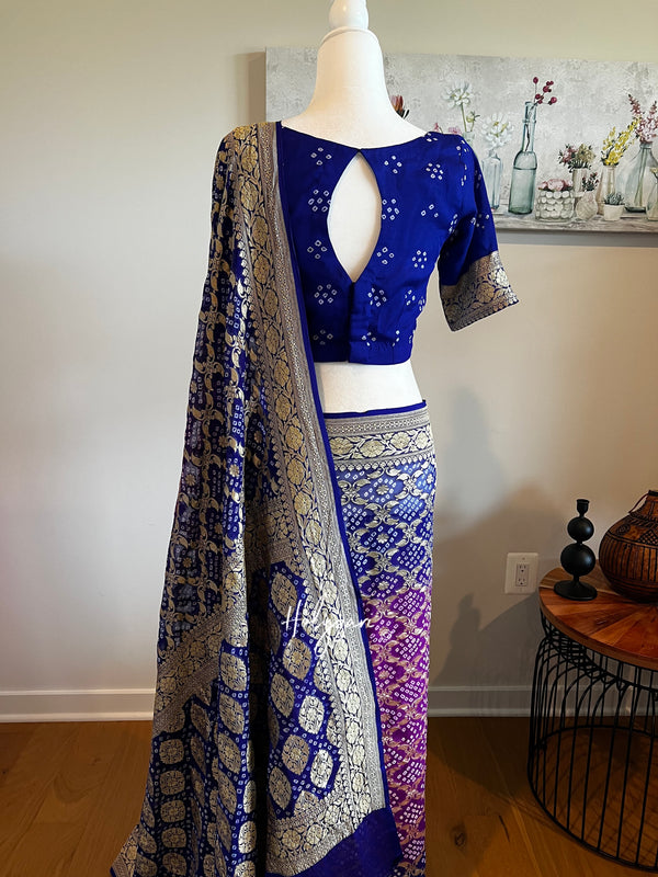 Purple-Blue Banarasi Khaddi Georgette Saree in Rye Bandhej/Bandhani