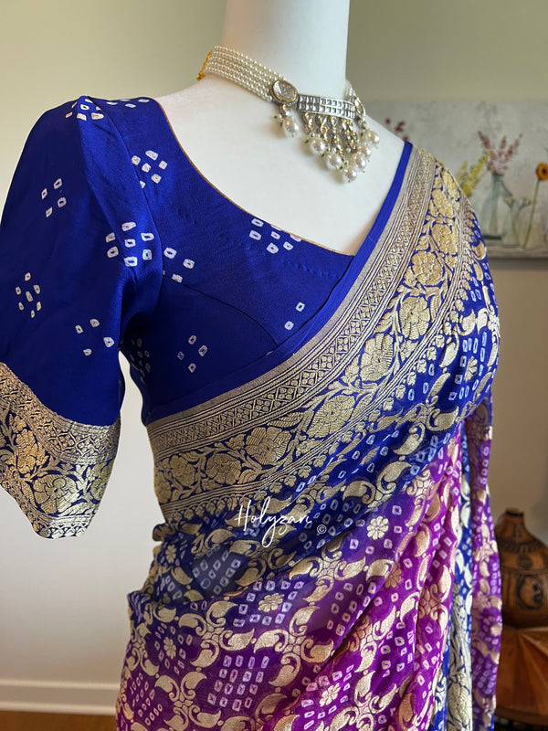 Purple-Blue Banarasi Khaddi Georgette Saree in Rye Bandhej/Bandhani